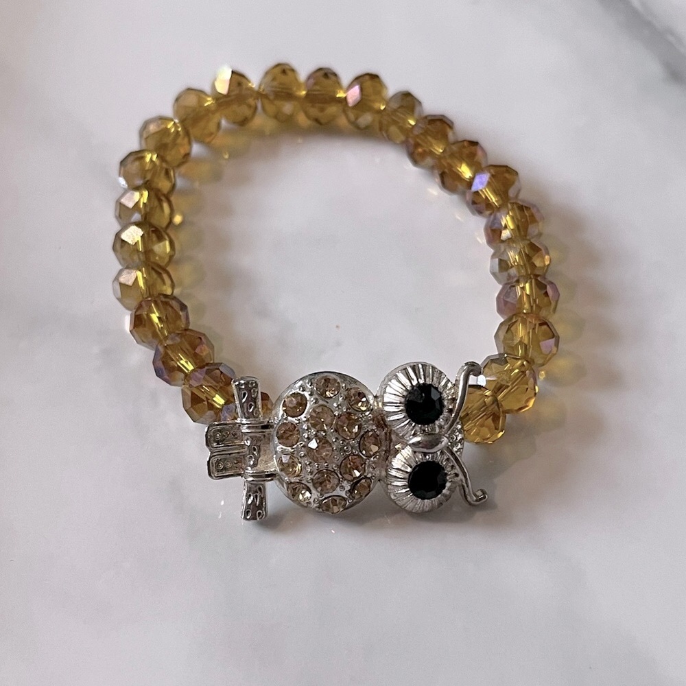 🌻3/$20 Vintage Silver Owl and Faceted Amber Stone Beaded Stretch Bracelet